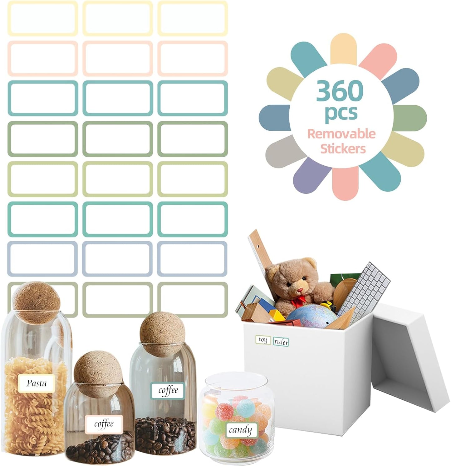 STARLIBOO Removable Labels, Removable Colored Labels Stickers, Self-Adhesive Rectangular Stickers Water/Oil/Tear Resistant for Food Containers/Classroom/Storage (8 Colors, 360 Labels)