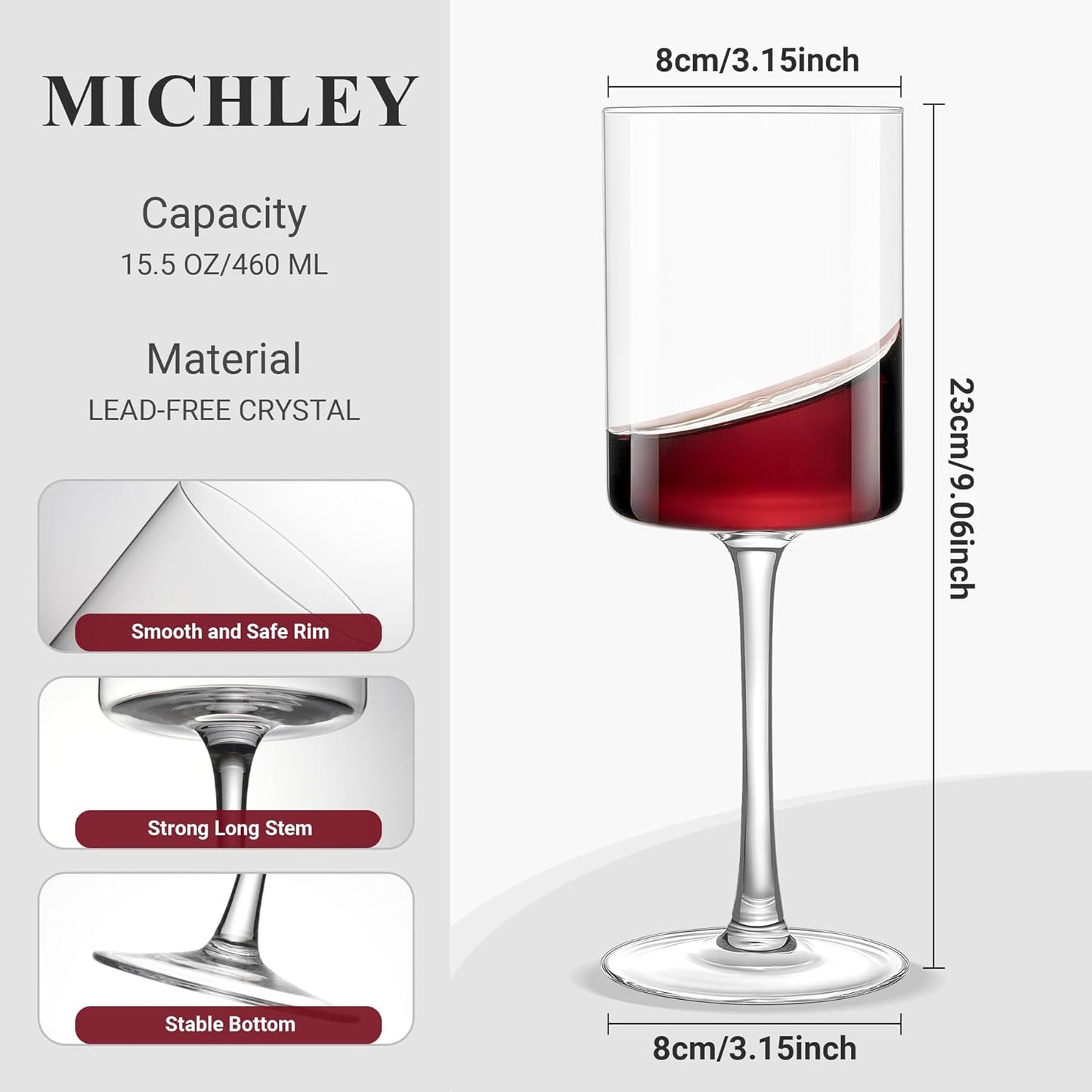 MICHLEY Square Crystal Wine Glasses Set of 4-15.5 oz large Long Stem Glassware Red/White Glasses Drinkware Perfect Gifts for Women, Wedding,Birthday Decorations