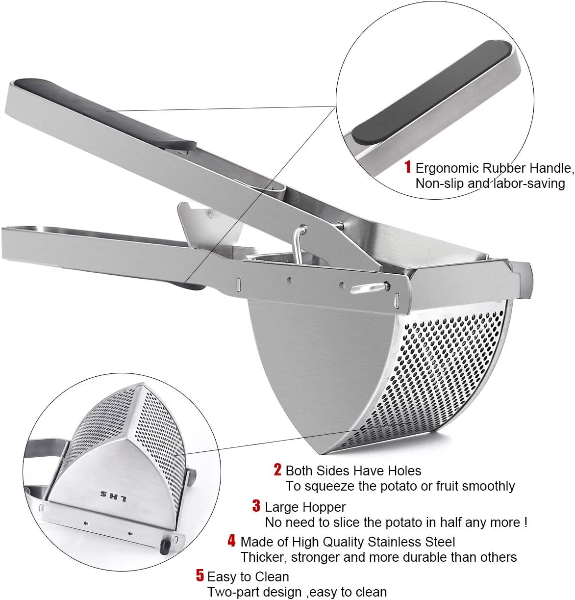 LHS Stainless Steel Potato Ricer and Masher, Heavy Duty Commercial Food Masher, Ergonomic Comfort Grip, Extra Large Capacity, Dishwasher Safe (Black)