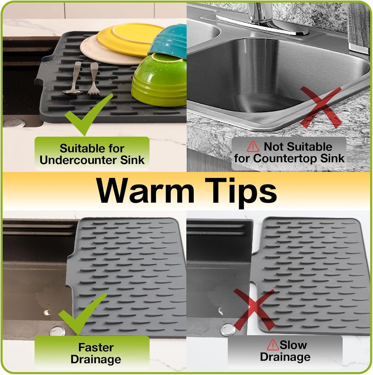 CHIKILLA Silicone Dish Drying Mat for Kitchen Counter, Fast Drainage Design for Vegetables Fruits, Heat Resistant, Non-Slip , Dishwasher Safe – 15.7x13 inch Graphite Gray