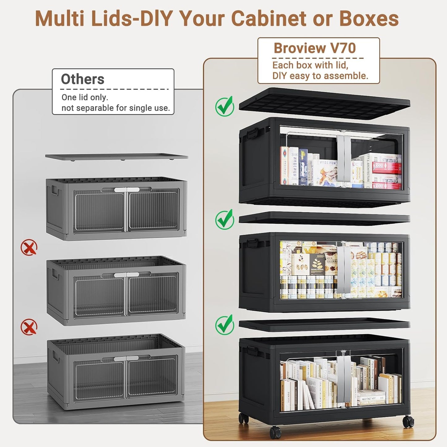 160QT Stackable Storage Bins with Lids, 40Gal Extra Large Collapsible Storage Box with Wheel, Plastic Storages with Clear Door Open Front for Home Bedroom Garage, Black-1pack