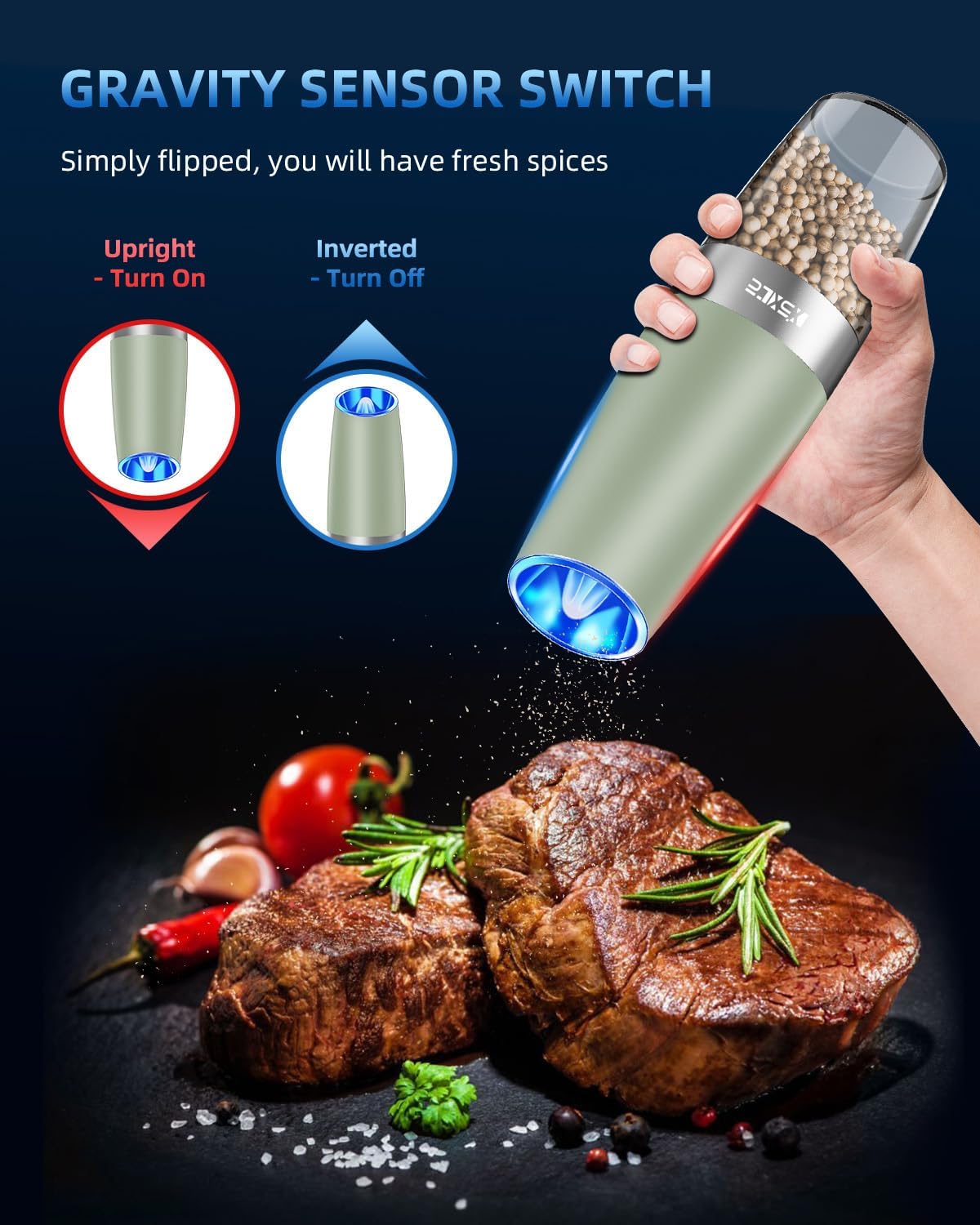 XinXu Gravity Automatic Electric Pepper and Salt Grinder, Auto Salt or Pepper Mill Shaker Stainless Steel,Blue LED Light,One Hand Operated, (Set/Light Green)