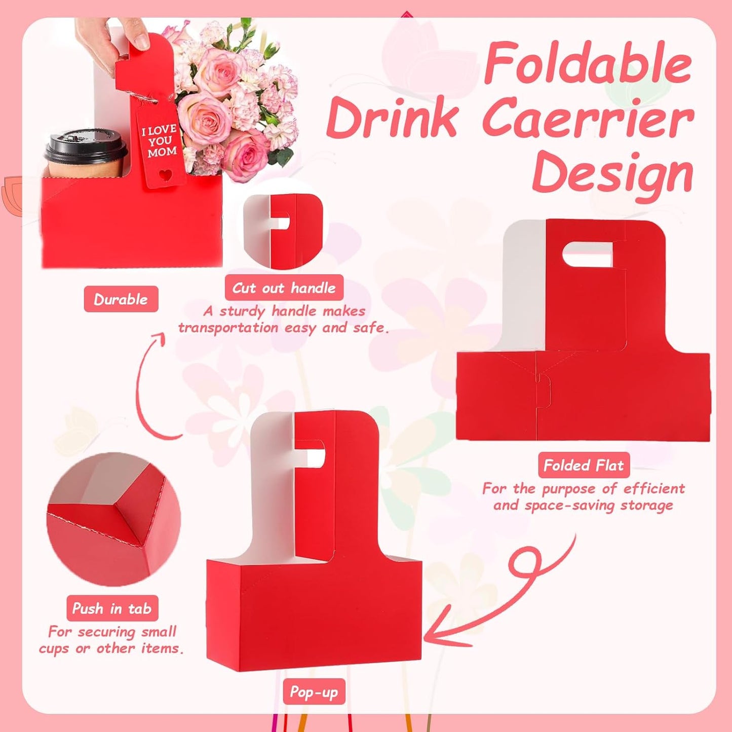 30 Pack 2 Cup Disposable Drink Carrier with Handle Paperboard Coffee Cup Holder Portable for Hot Cold Drinks Food Delivery Services with Heart Card for Teacher Appreciation Week Mother's Day