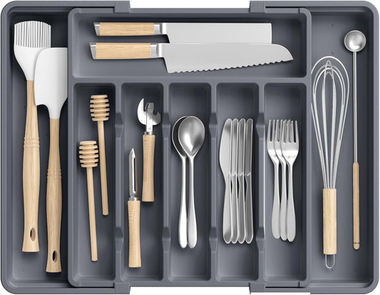 Large Silverware Organizer,Expandable Utensil Drawer Organizer,BPA Free Utensil Holder,Adjustable Silverware Tray Cutlery Drawer Organizer for Kitchen Flatware,Large,Grey (6-8 Slots)