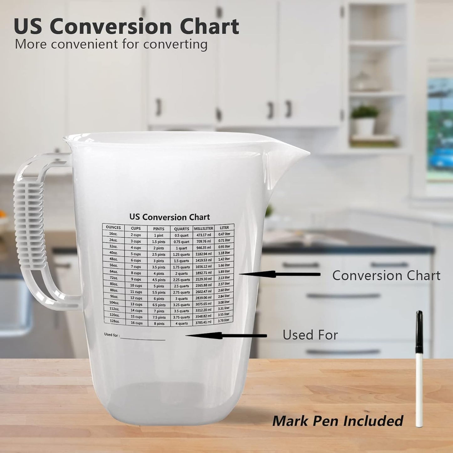 Luvan 1 Gallon Measuring Pitcher, Large Measuring Cup with Spout and Handle, 134oz Plastic measuring pitcher with Conversion Chart, 1 Gallon Measuring Container for Motor Oil, Chemicals, Pools, Lawns