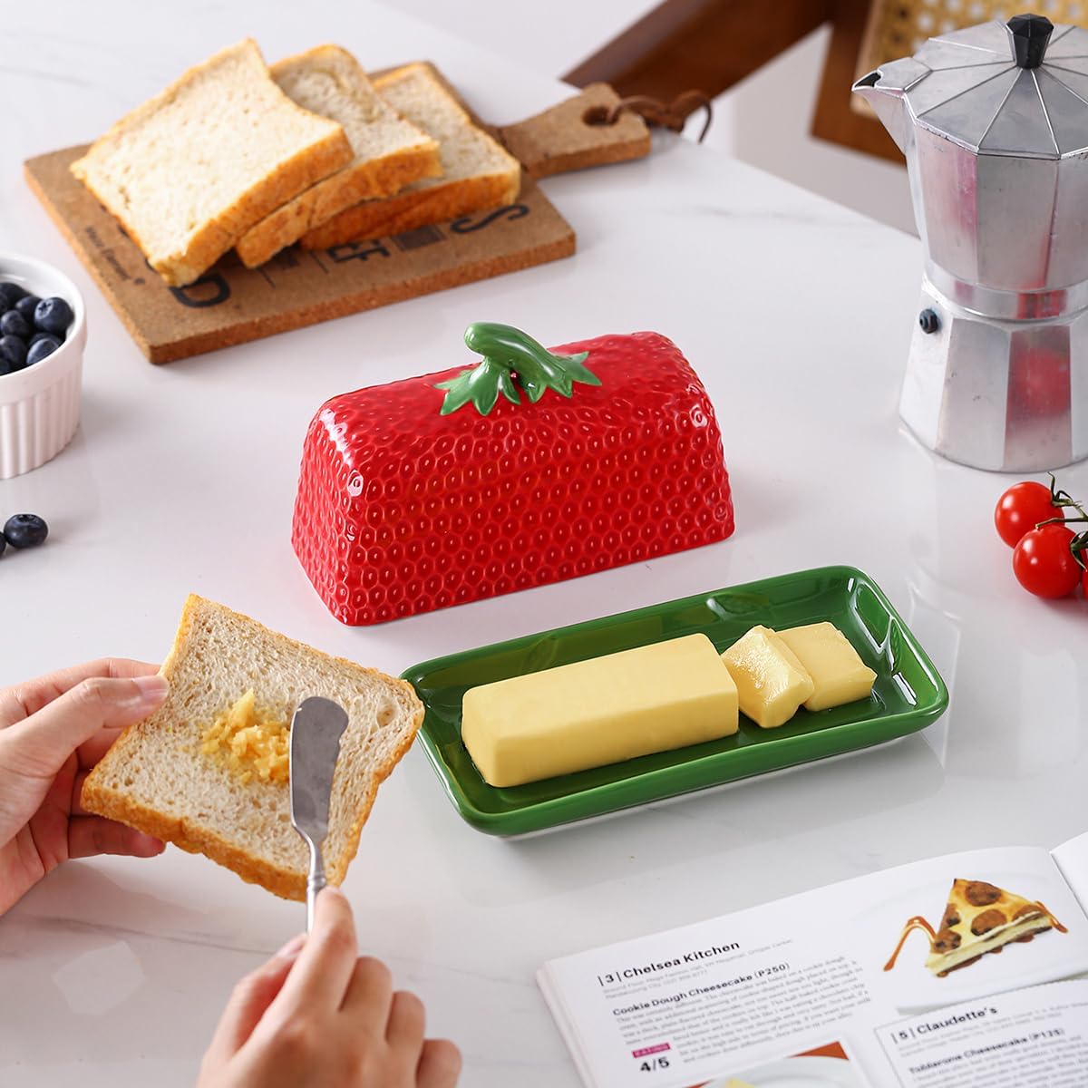 Strawberry Butter Dish with Lid, Ceramic ButterDish, Large Kitchen Strawberry Butter Holder, Serving Tray with Cover, Butter Storage Container, Holds 1 Stick (Red, Large)