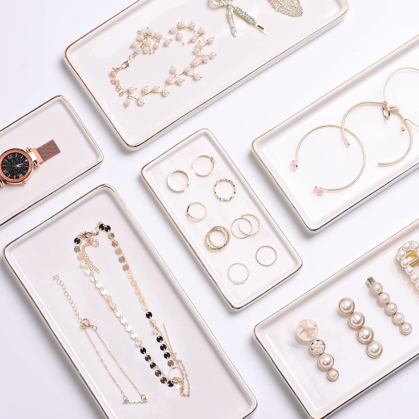 Gurygo 8" Bathroom Tray, Ceramic Vanity Trays for Bathroom, Small Ceramic Trays, Kitchen Soap Tray for Kitchen Counter (White with Gold-Edged, 8",Set/1)