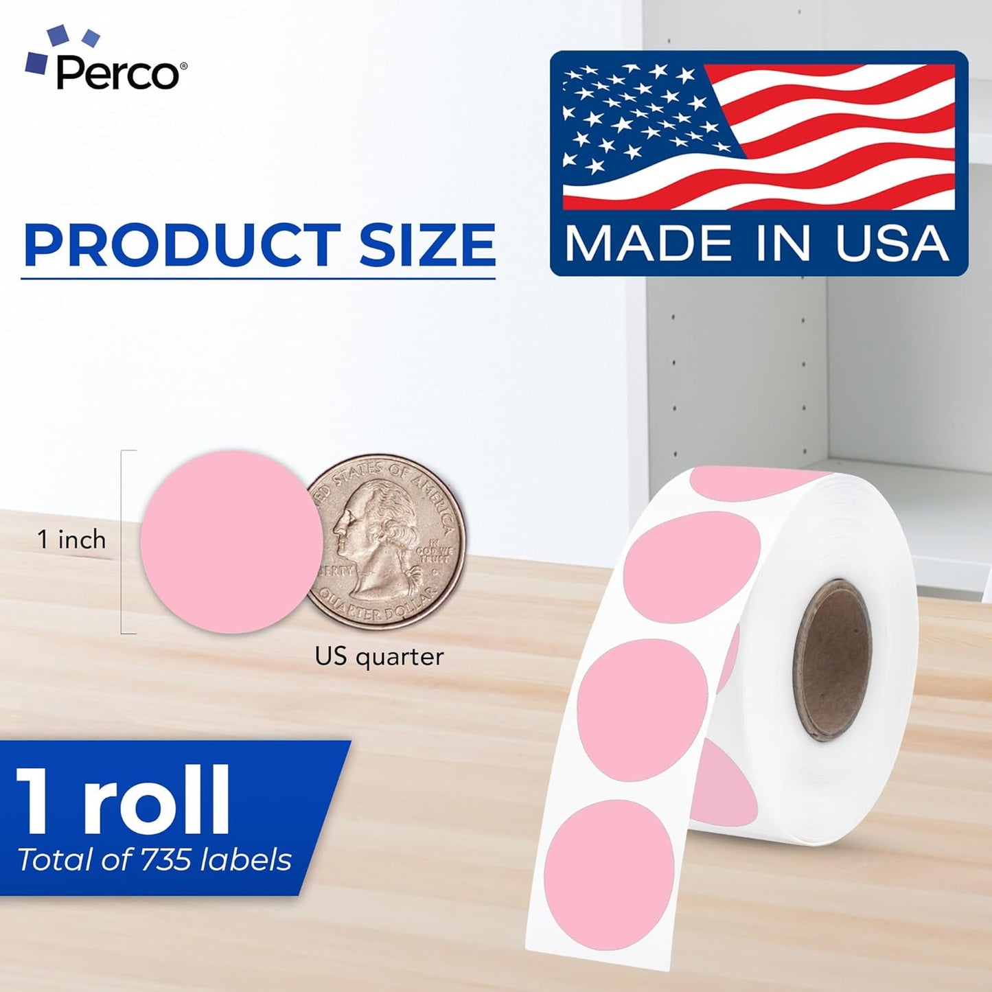 Perco Pink 1-Inch Perforated Circle Dot Thermal Sticker Labels — 735 Stickers/Roll, Direct Thermal Printer Compatible—with Permanent Adhesive for Color Coding, Garage Sales, Crafts—Made in USA