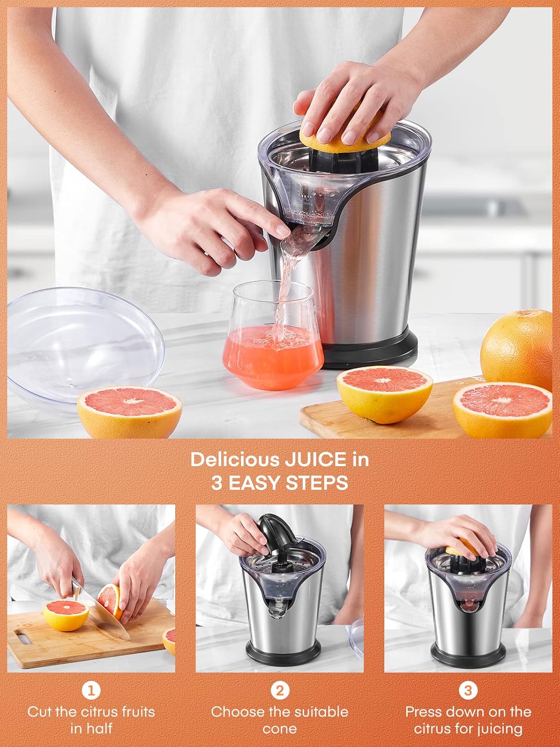 FOHERE Orange Juicer Squeezer Electric Citrus Juicer with Two Interchangeable Cones Suitable for orange, lemon and Grapefruit, Brushed Stainless Steel
