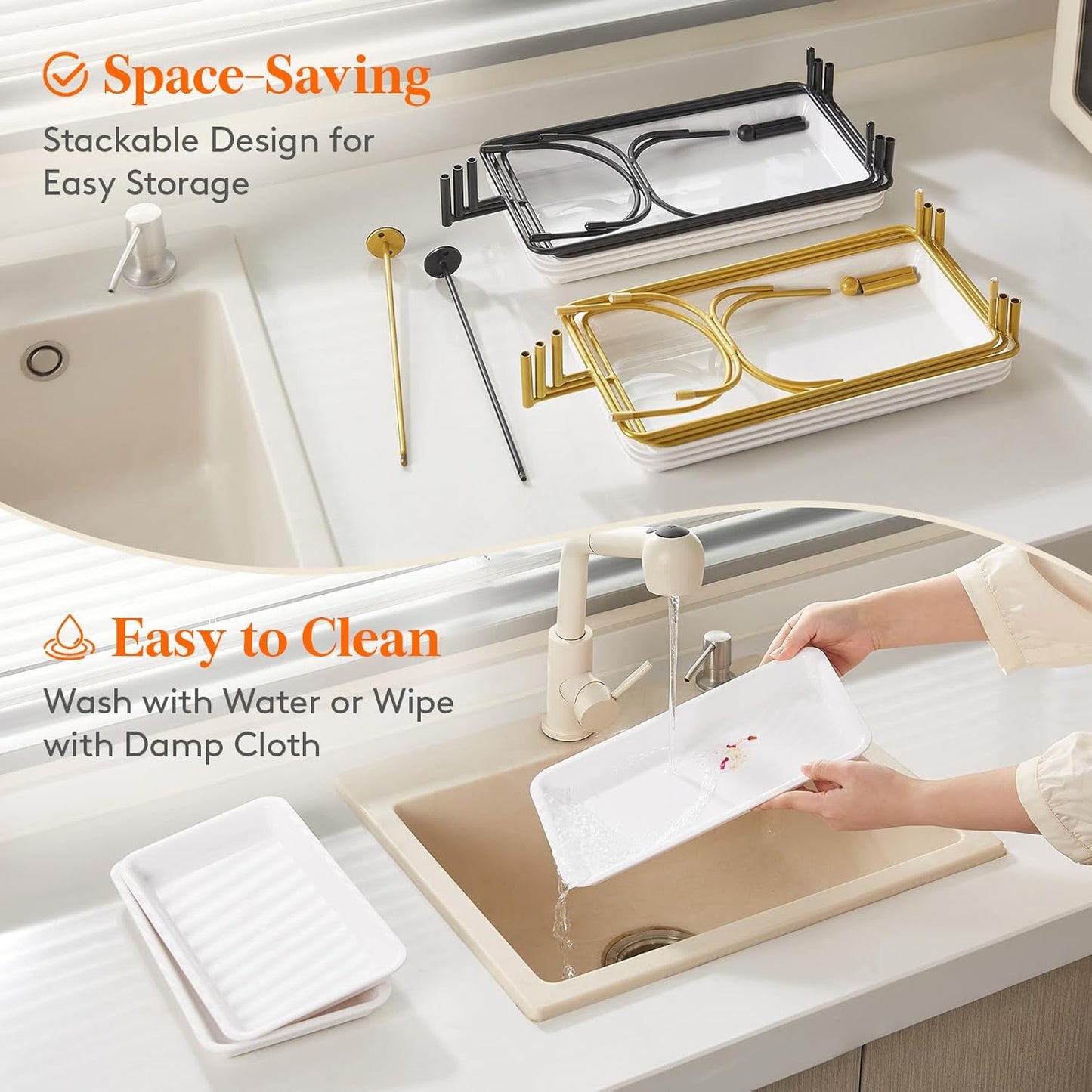 Lifewit 3 Tiered Tray Stand for Party Entertaining, 12"×6.5" Serving Platters and Trays, Reusable Plastic Trays with Stable Gold Mental Stand for Veggie, Fruit, Cookies, Dessert