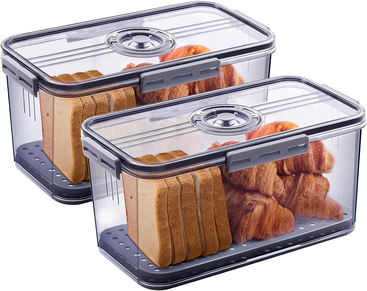 2Pcs Bread Box Bread Boxes for Kitchen Counter Airtight, Double Time Recording Bread Storage Container with Lid, 2 Bread Keeper for Homemade Bread, Toast, Bagel, Donut and Cookies, Grey