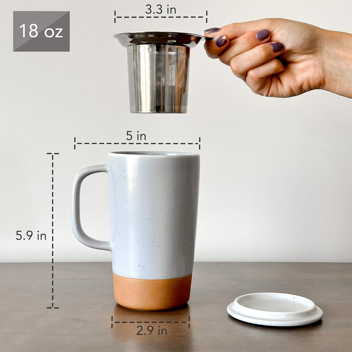 Mora Ceramics Large Tea Mug with Loose Leaf Infuser and Ceramic Lid, 18 oz, Portable, Microwave and Dishwasher Safe, Tall Coffee Cup - Rustic Matte Ceramic Glaze, Modern Herbal Tea Strainer, Sleet