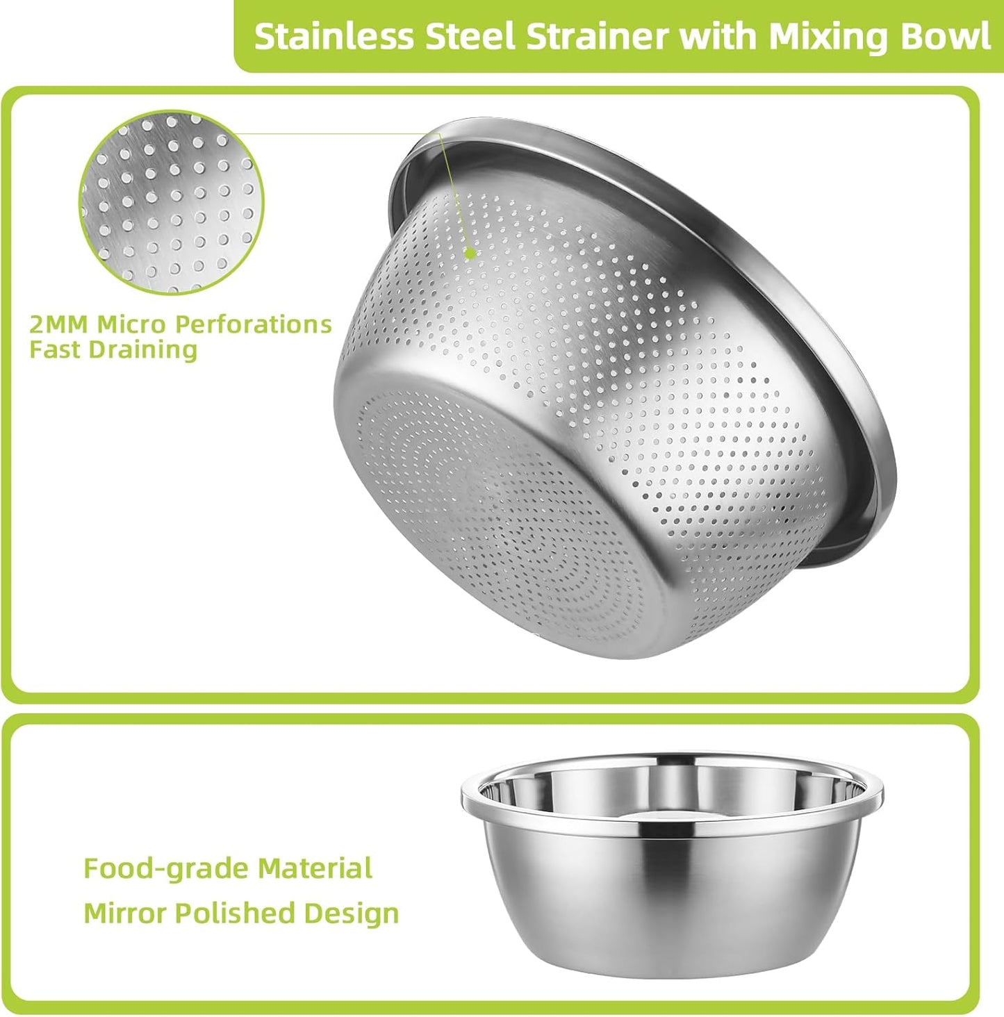 304 Stainless Steel Colander Microporous with Mixing Bowls, 2-Quart Strainers and Colanders for Kitchen, Food-Grade Strainer for Washing Vegetables, Fruit and Rice, Dishwasher Safe(2PCS)