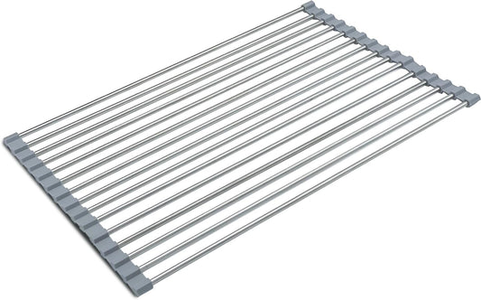 Roll Up Dish Drying Rack, Stainless Kitchen Accessories, Foldable Dish Rack, Anti-Slip Design Sink Counter Storage, Over The Sink Dish Rack, Stainless Steel, (17.5" x 12") Gray