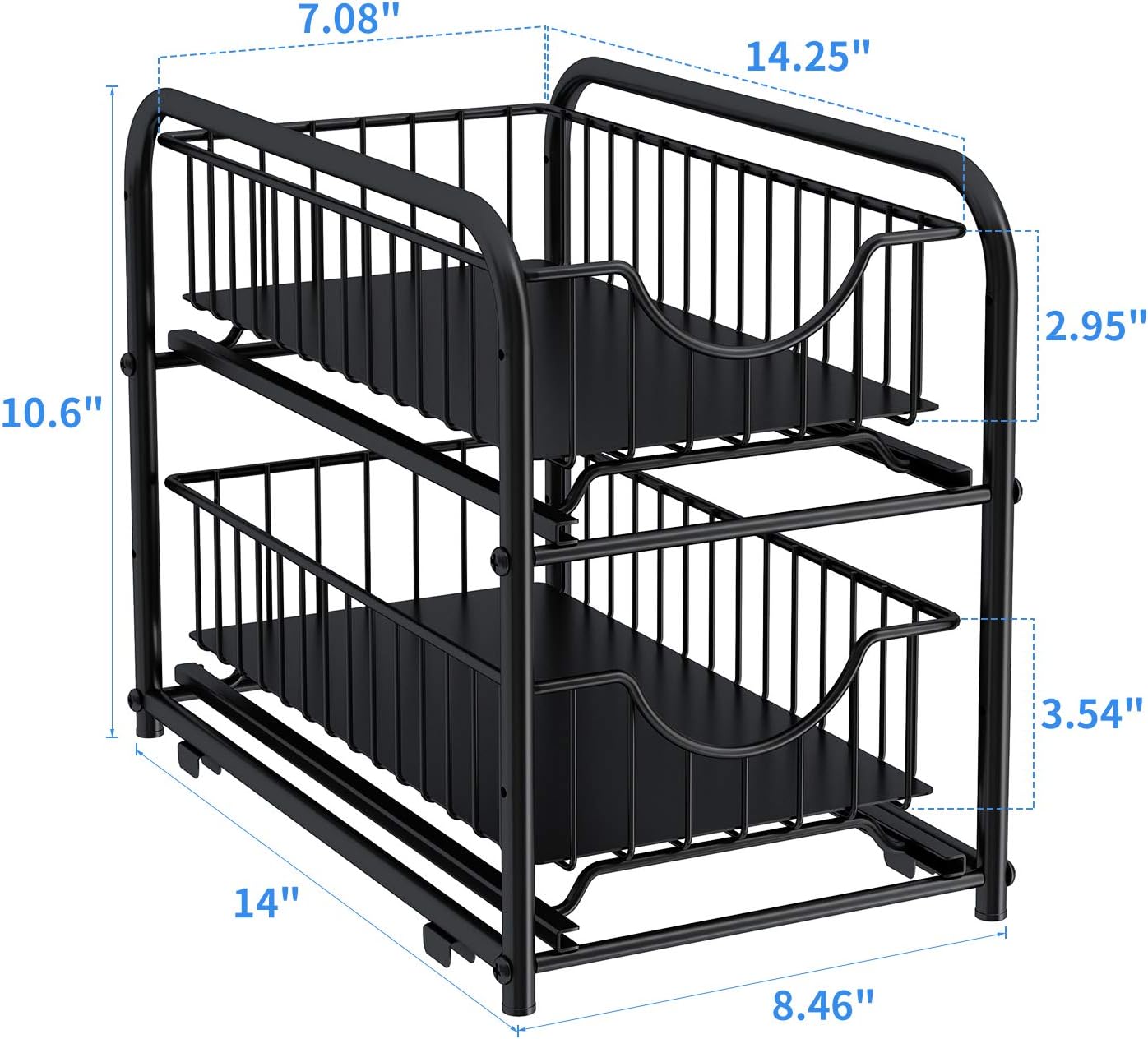 AIYAKA Pull-out Cabinet Organizer, Stackable 2-tier Under Sink Rack, with Sliding Storage Drawer for Pantry, and Desktop, for Bathroom, Kitchen, Office, Black