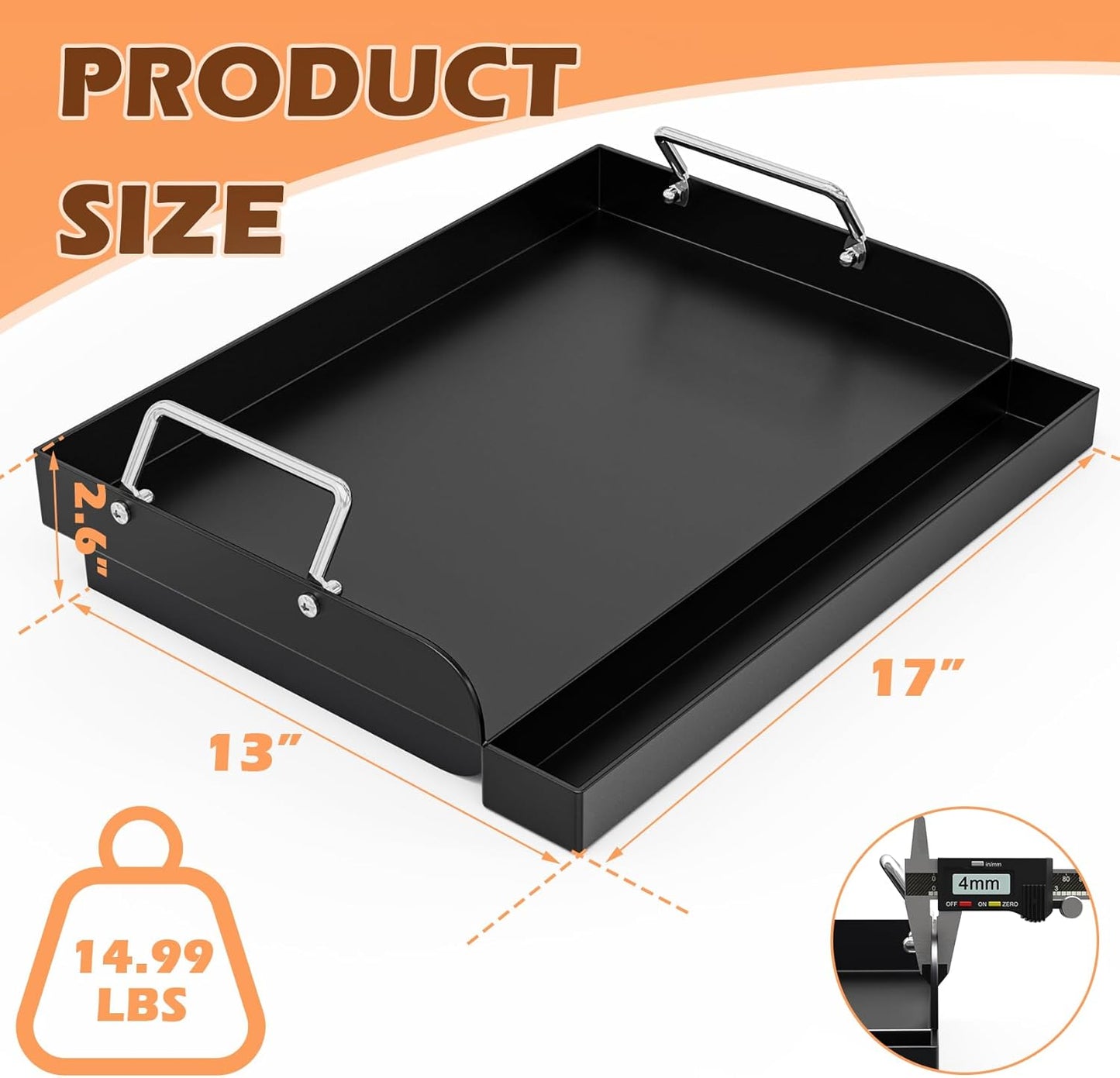 Flat Top Griddle Insert for Outdoor Gas Grill, Universal Cast Iron Griddle for Charcoal Grill, 17" x13" Nonstick Coating Plate with Handle & Grease Groove, for Camping Tailgating