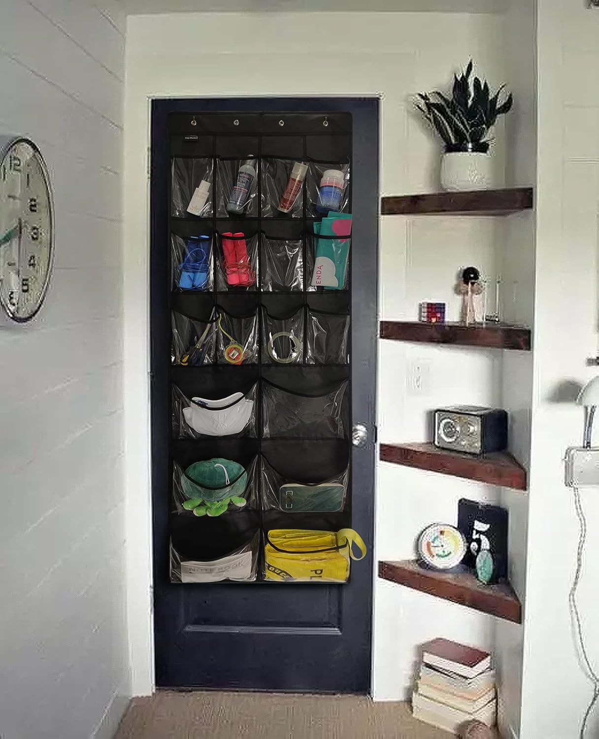 Extra Large Hanging Over Door Shoe Organizer, Closet Shoe Rack - 12+6 Crystal Pockets, 4 Hooks, Black (59"x 21.6")