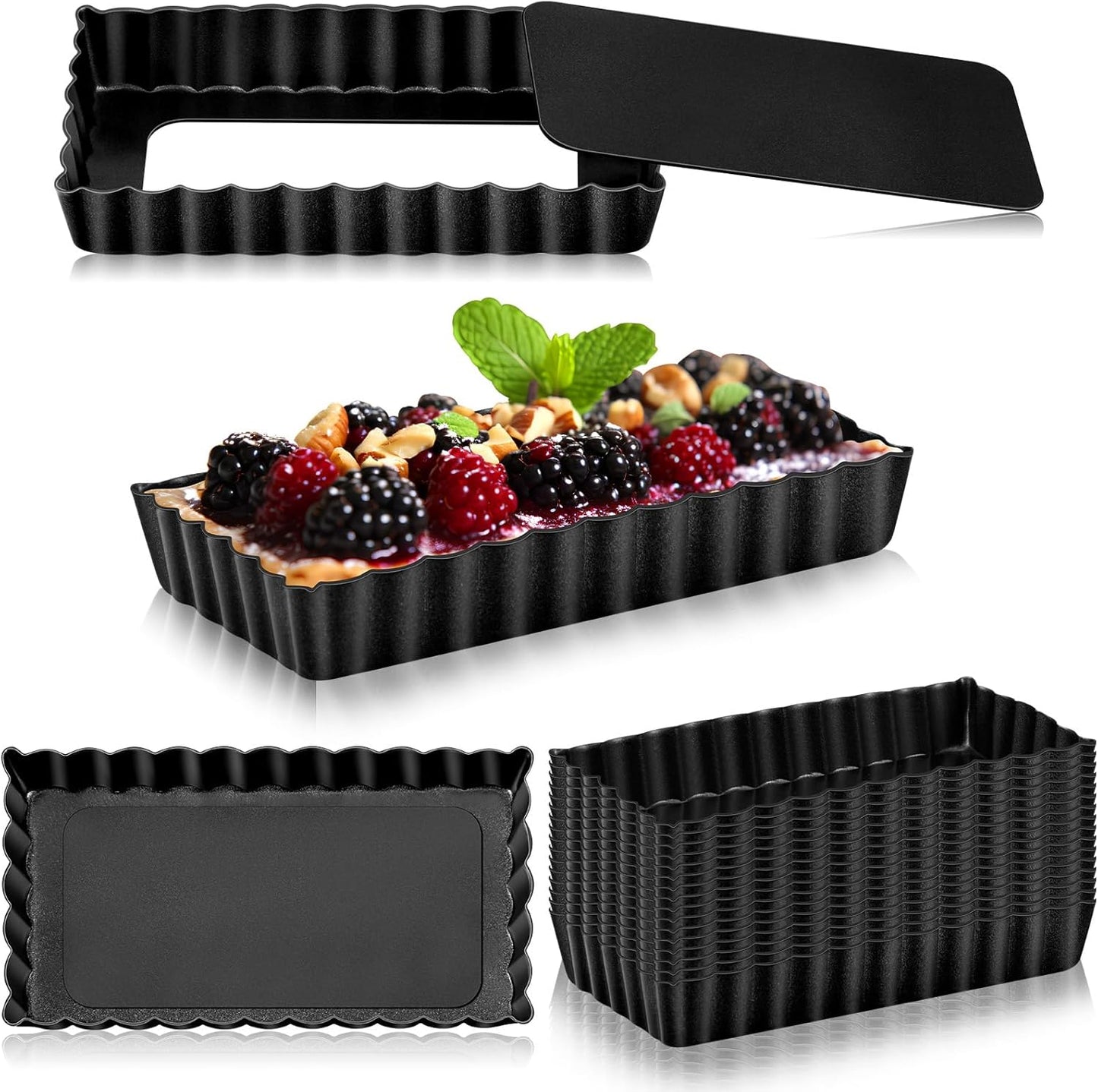 Tessco 16 Pieces Mini Tart Pans with Removable Bottom Nonstick Quiche Mini Pie Tart Pans Bakeware Mold Fluted Side for Pies(Black Rectangle,4.33 x 2.36 x 0.79 Inch)