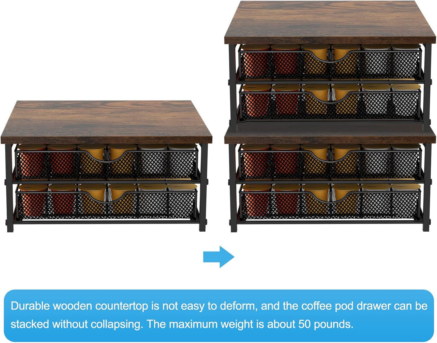 Coffee Pod Drawer Holder Capsule Storage Organizer 2 Tier Coffee Pods Holder With Sliding Baskets for 72 Capacity K Pod, Suit for Home Office Cafe Counter (Black)