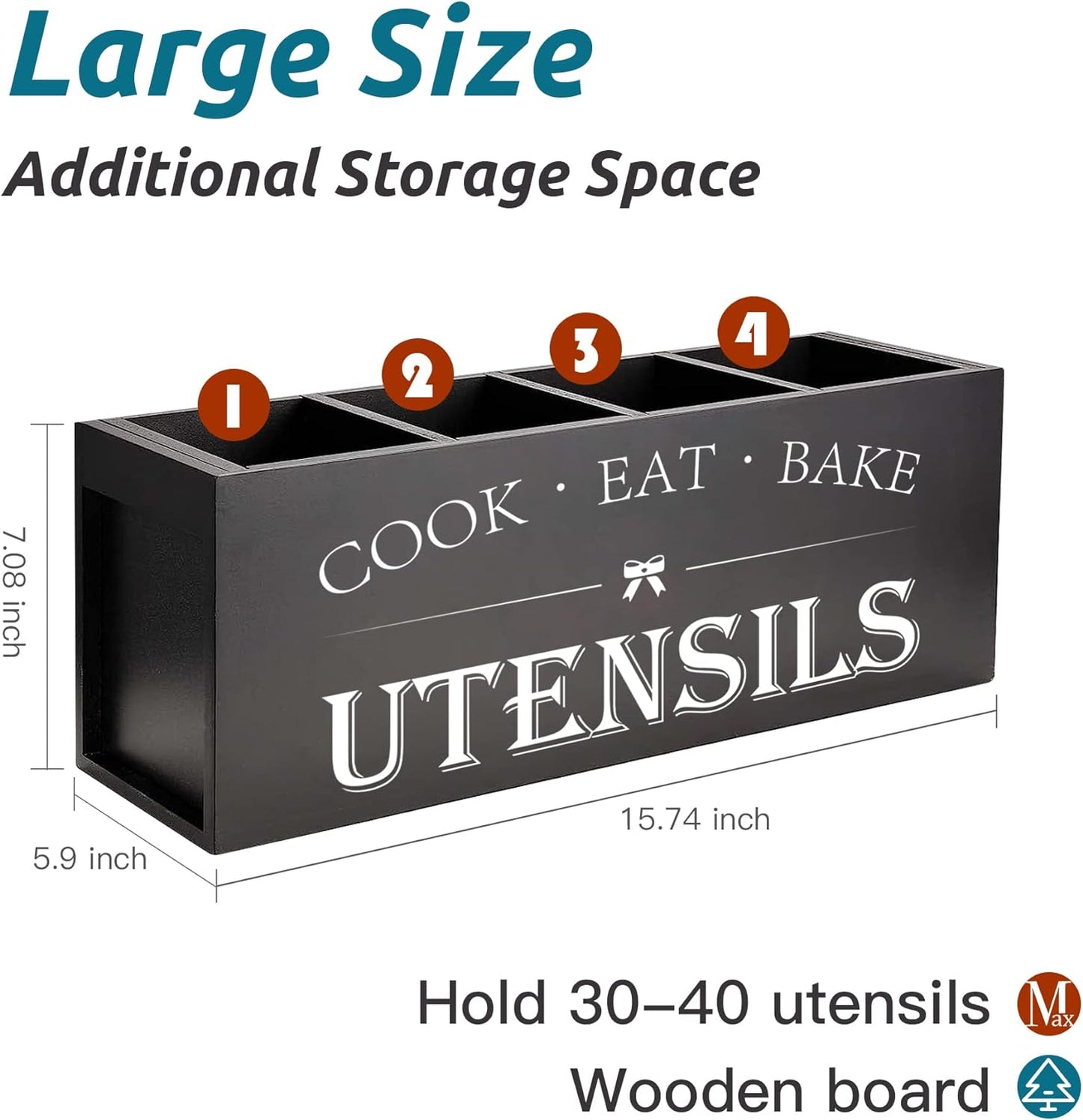 Suli Extra Large Kitchen Utensils Holder with 4 Compartments, Wooden Utensil Organizer for Kitchen Countertop, Farmhouse Kitchen Decor, Rustic Cooking Utensil - Black