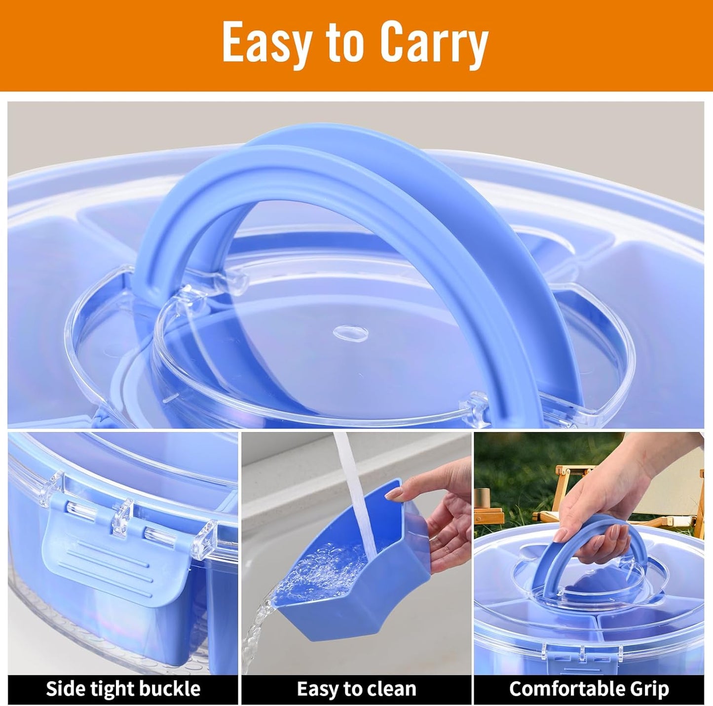 Round Divided Serving Tray with Lid, Rotating Snack Container, Dishwasher Safe Food Organizer for Fruits, Candy, Nuts, Vegetables