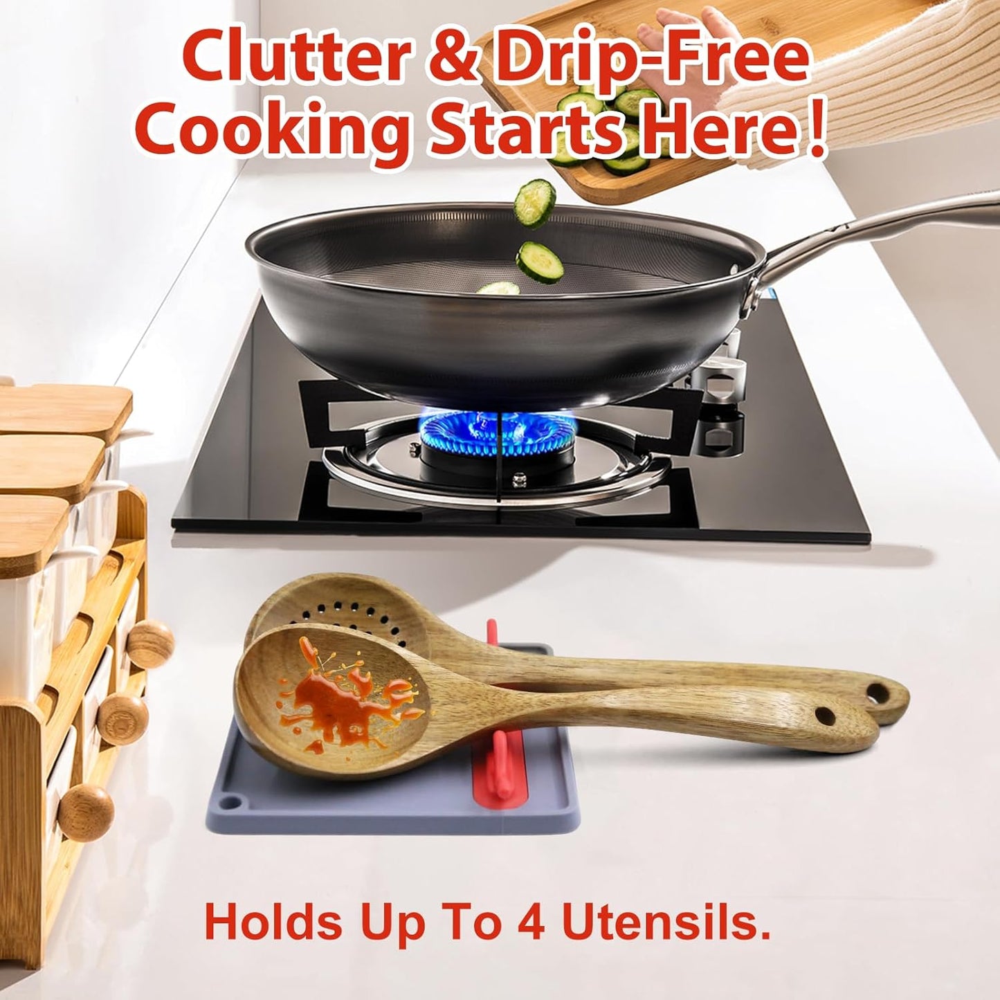 Silicone Spoon Rest for Stove Top, Non-Slip and Heat-Resistant, BPA-Free Kitchen Spoon Rest for Spoons and Ladles, Gray + Red