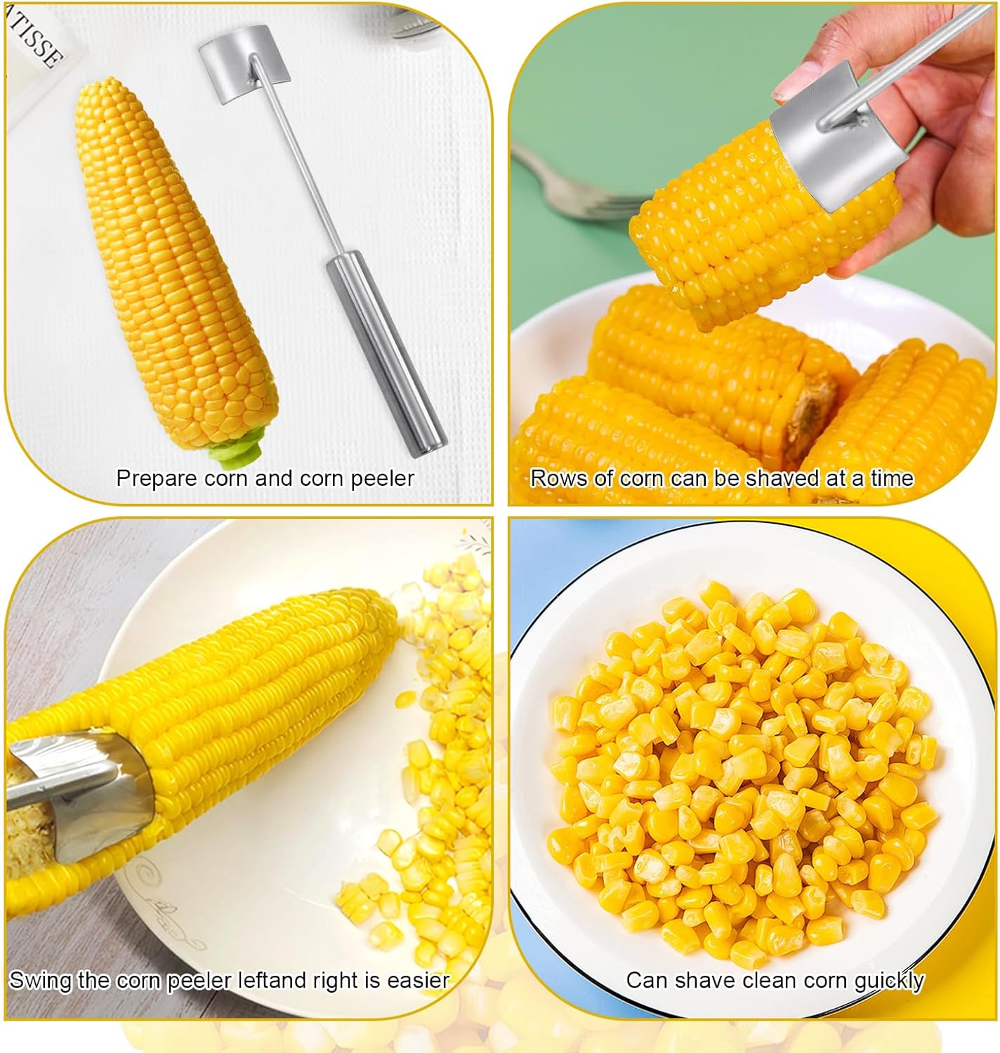 Stainless Steel Corn Peeler and Stripper Set, 2 Pcs Long Handle Corn Cutter for Kitchen and Outdoor Dining