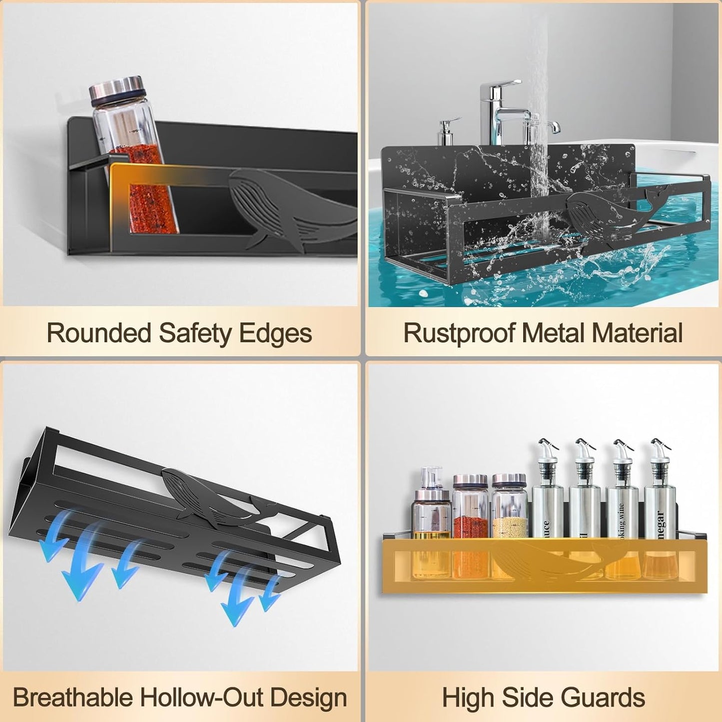 Magnetic Spice Rack for Refrigerator, 4-Pack Metal Seasoning Organizer for Kitchen Storage Organization, Magnetic Shelf for Fridge Space Saving Spice Organizer, Black