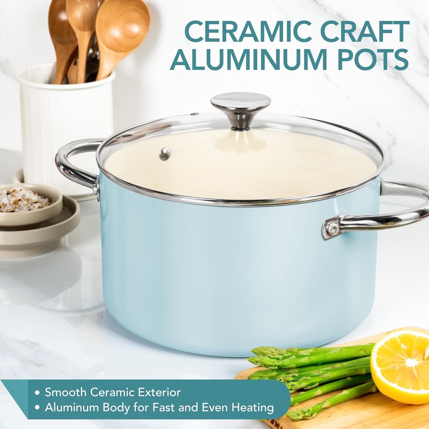 MICHELANGELO Stock Pot with Lid, 6 Quart Cooking Pot with Ceramic Coating, Nonstick Ceramic Soup Pot with Lid, Induction Compatible - 6QT Stockpot, Blue