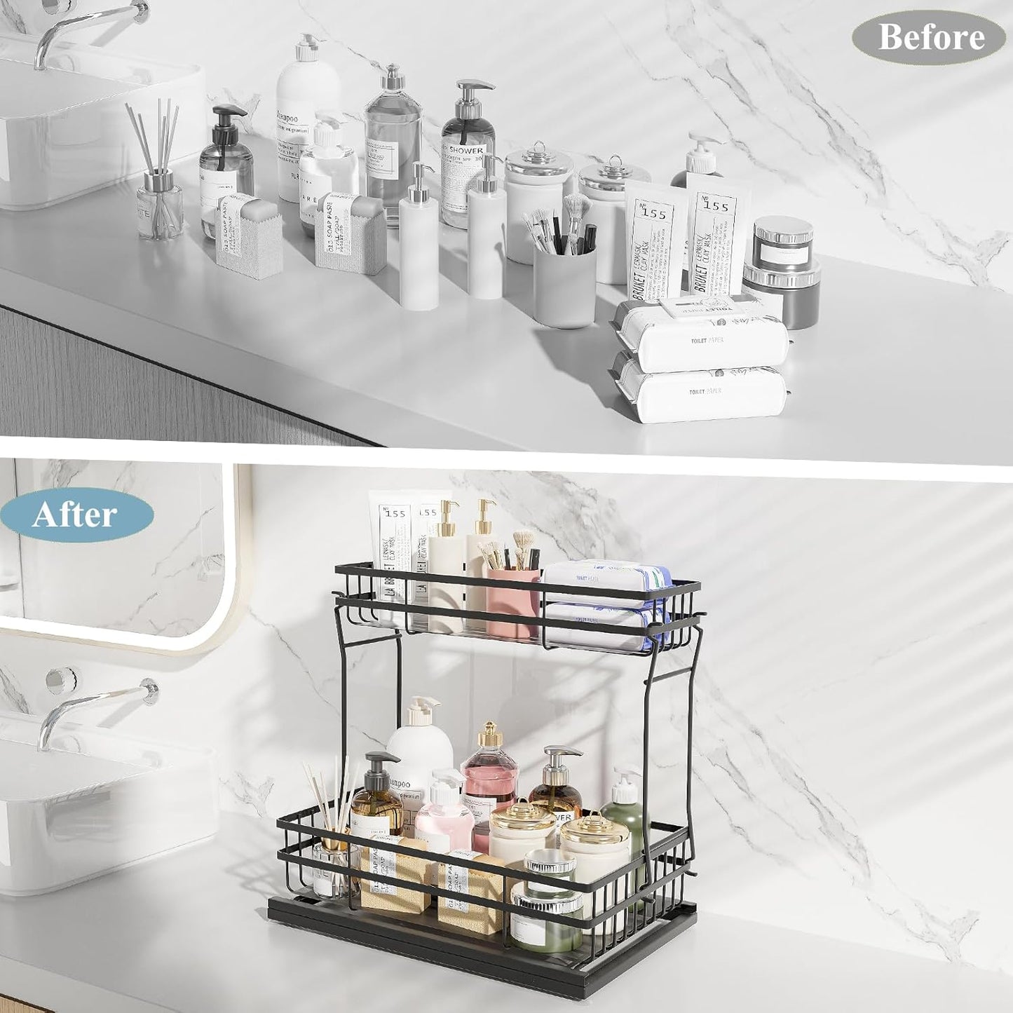 1 Pack Under Sink Organizers and Storage, 2 Tier Pull Out Cabinet Organizer, Metal Sliding Drawer Storage for Kitchen Bathroom，Black