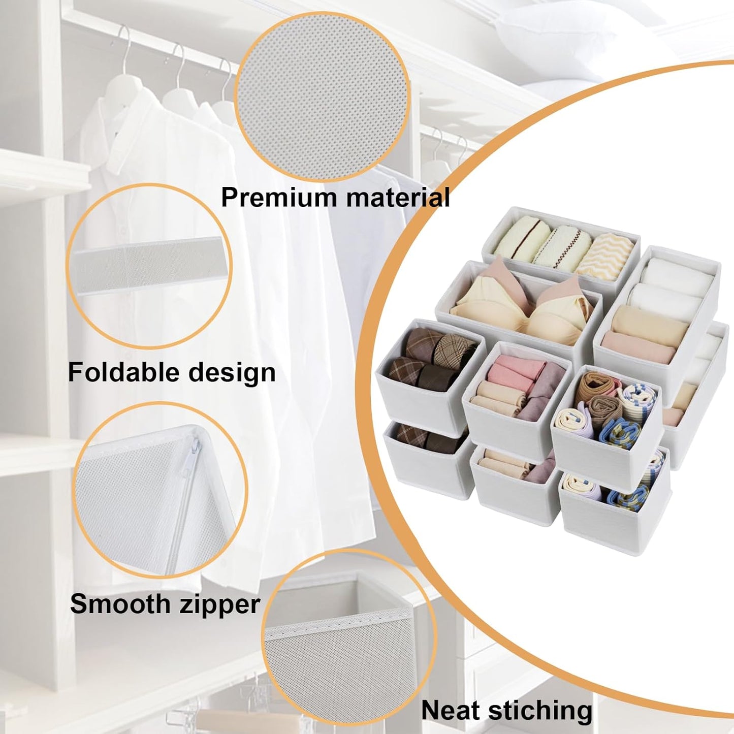 Set of 12 Drawer Organizer, Fabric Closet Organizer and Storage Baskets,Foldable Drawer Divider for Clothing,Sock,Ties,Underwear Drawer Organizers,Set of Cabinet Storage Boxes (White)