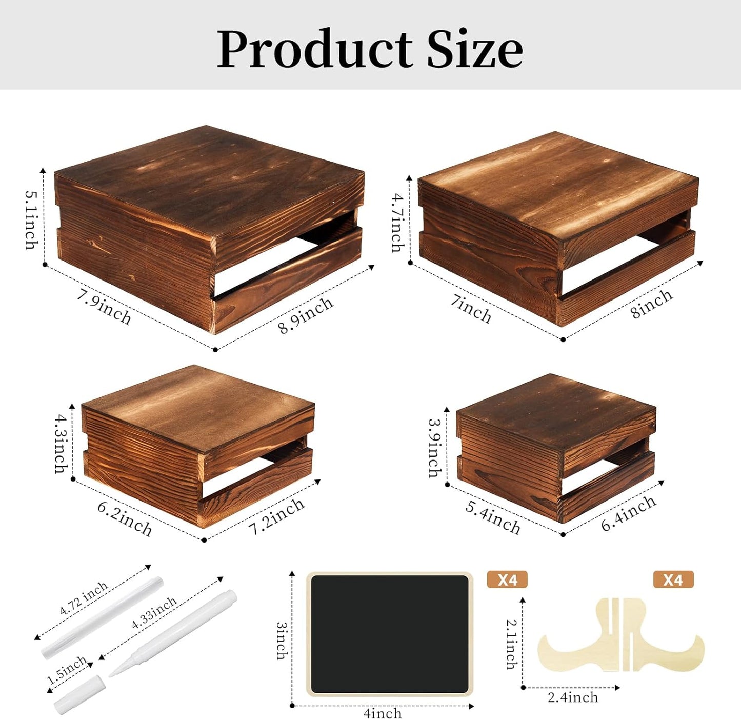 4 Pcs Buffet Risers with Mini Signs, Rustic Wood Cake Stands, Food Risers for Buffet Table, Dessert Display Stand, Wood Crates, Rustic Cake Stand for Party, Wedding, Birthday, Baby Shower, 4 Sizes