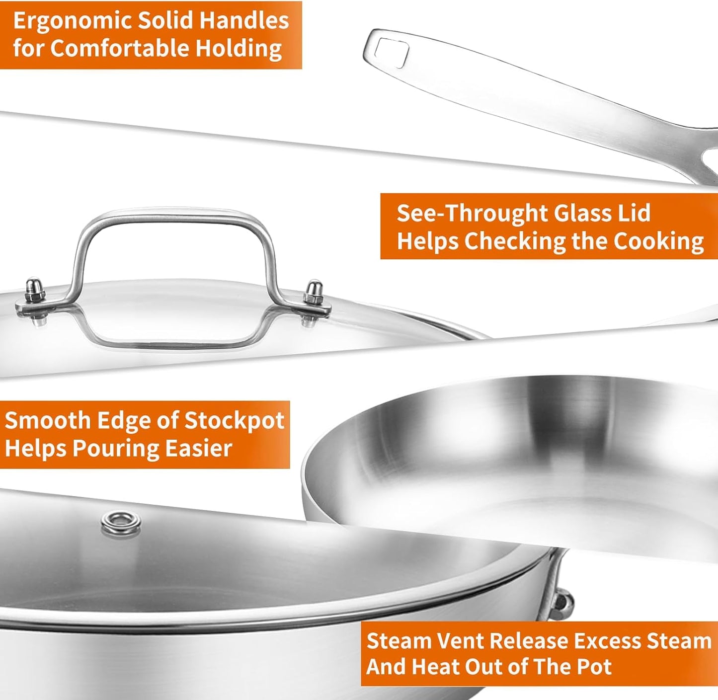 DELARLO Tri-ply Stainless Steel Frying Pan Set with Lid 8" 10" Induction Skillets Chef's Pan,Pots and Pans Set Kitchen Cookware Frying Pan Set Dishwasher and Oven Safe