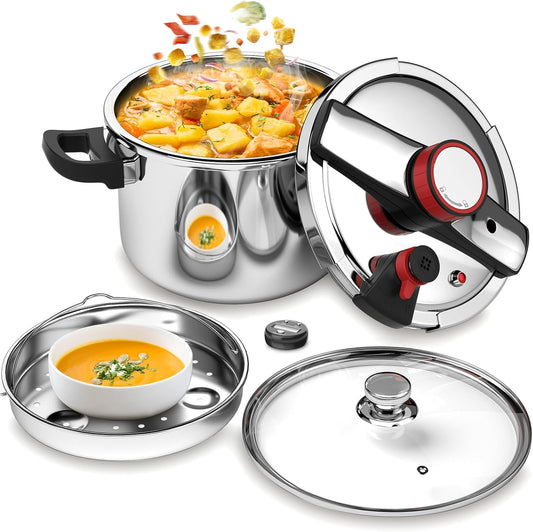 BreeRainz 8.45QT 304 Stainless Steel Pressure Cooker, 3-Stage PSI Settings, One-Hand Locking,Explosion-Proof Pot w/Extra Glass Lid, Timer, Steaming Rack(Induction Compatible)