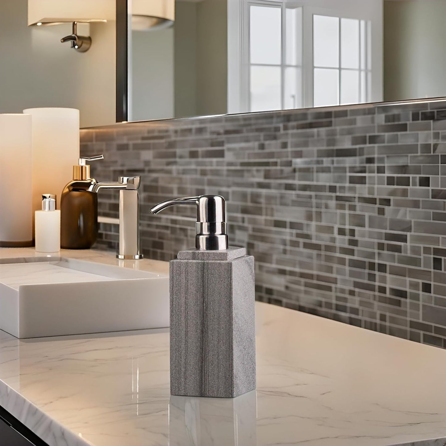 Hand Liquid&Lotion Soap Dispenser Pump Bottle Natural Marble for Kitchen Bathroom Countertop Laundry Room Holds Dish Soap Shampoo Laundry Liquid Shower Gel (Grey Sand)