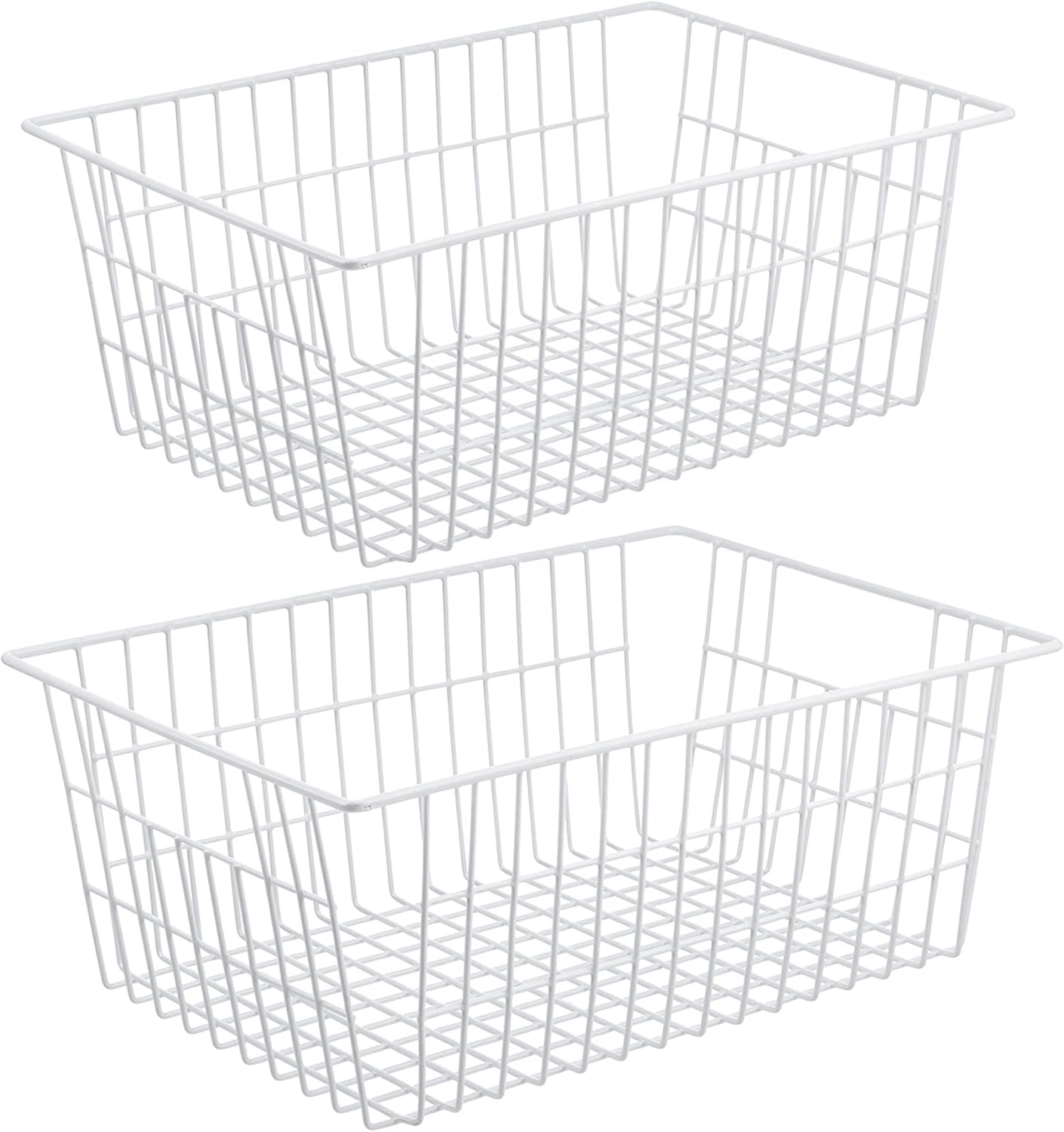 Redrubbit Wire Storage Baskets, Large Farmhouse Metal Freezer Basket Storage Organizer Bins with Handles for Kitchen Cabinets, Pantry, Closets, Bedrooms, Bathrooms, Set of 2, White