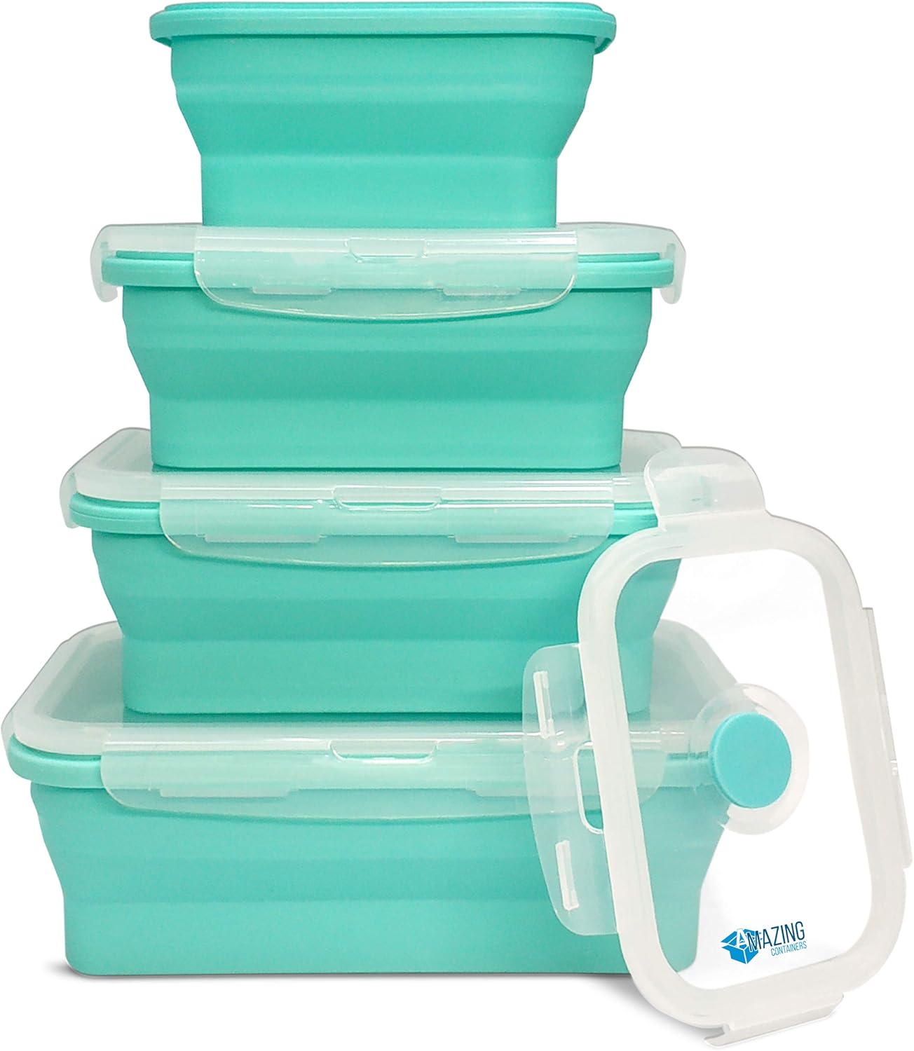 AMAZING CONTAINERS™ Collapsible Silicone Food Storage Container Set of 4 with Lids | Stackable | Microwaveable | Freezer, Dishwasher Safe| BPA Free