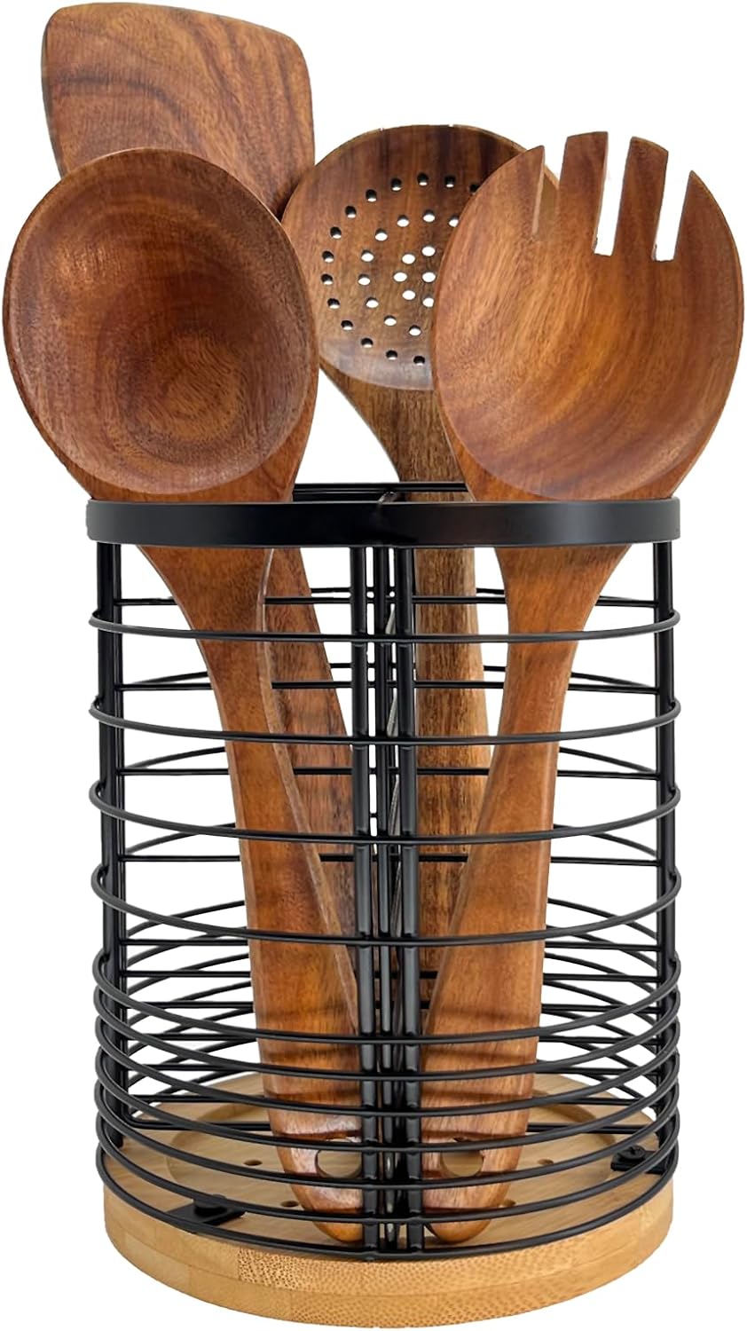 Utensil Holder with Removable Dividers, 7.2'' Large Capacity Kitchen Utensil Holder with Bamboo Base & Iron Mesh, Anti-Tip Design, 4 Partitions Utensils Holder Counter, Matte Black