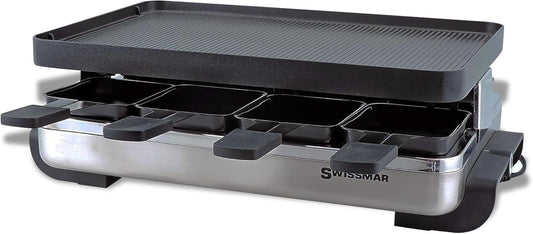 Swissmar Classic Raclette Party Grill with Reversible Cast Aluminum Non-Stick Grill Plate/Crepe Top, Outdoor & Indoor Electric BBQ Grill, Samgyupsal Griller - Brushed Stainless Steel - 8-Person