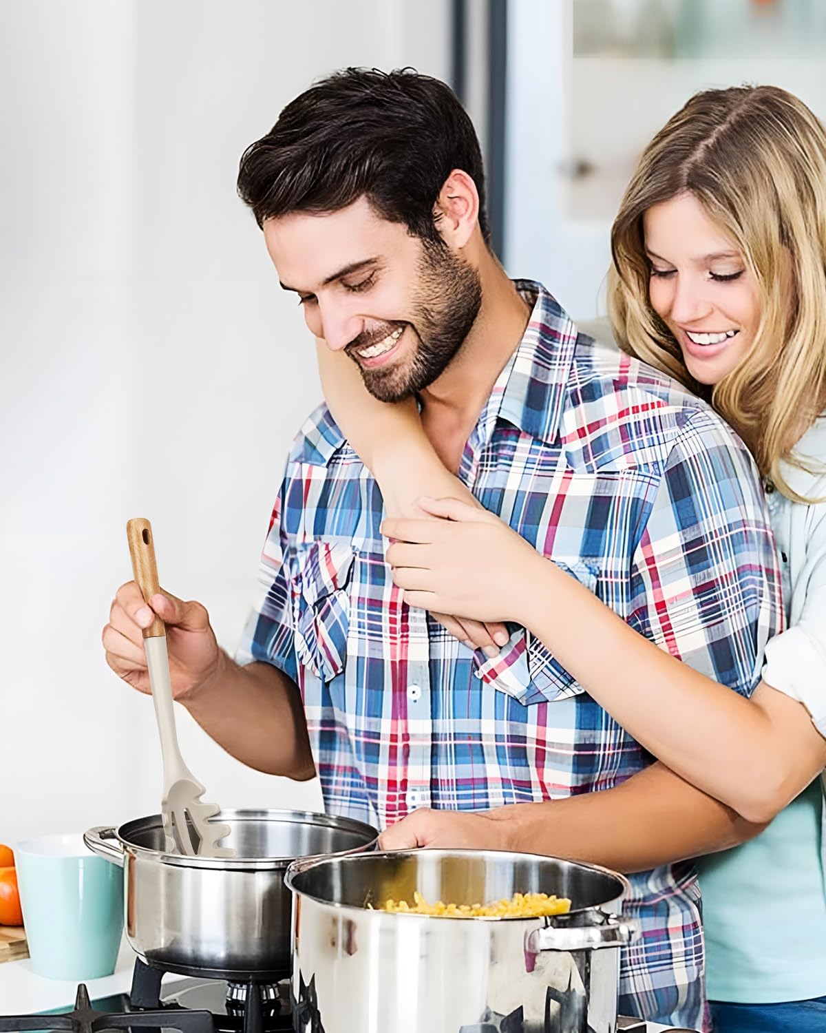 Silicone Pasta Fork, Kitchen Heat Resistant Noodle Spoon Server, BPA Free Spaghetti Strainer,12.8 inch (Khaki & Blue)