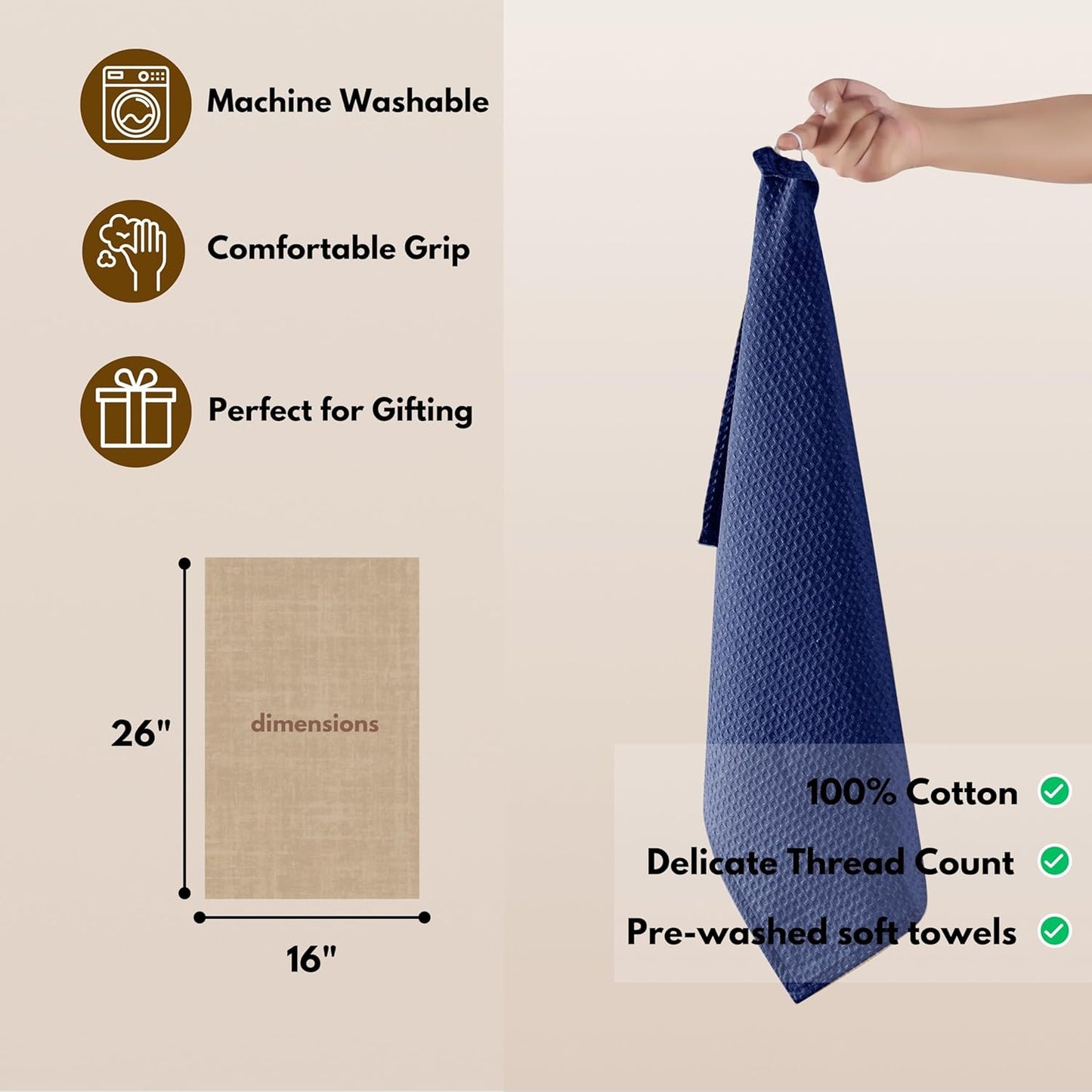 Native Fab Waffle Kitchen Towel - 6 Pack - Absorbent Dish Towel for Cleaning, Drying, and Cooking - 100% Cotton Durable Kitchen Essential for Home Use, Quick Drying Towels, 16x26 inches - Ink Blue