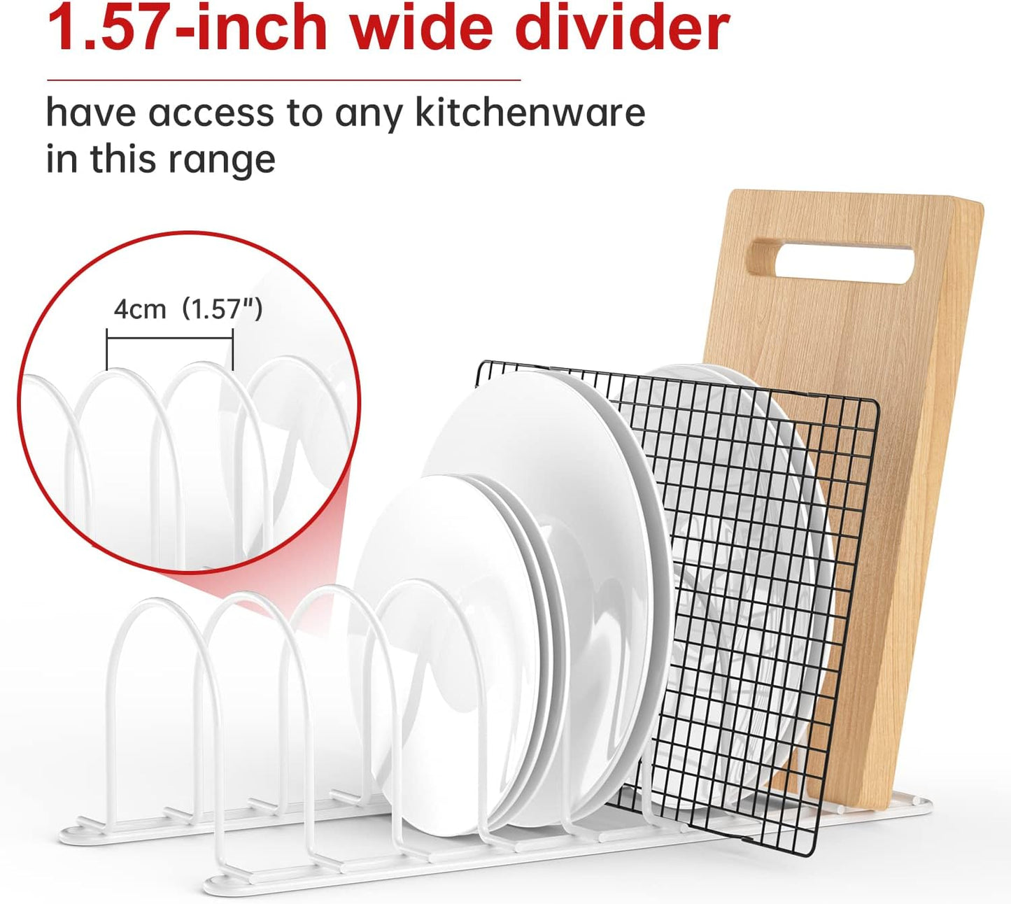 JAQ Pot Lid Rack Organizer, 10.5" Kitchenware Dividers Holder for Plates, Pans,Chopping Boards, Muffin Tins, Baking Sheets in Cabinets Shelf Countertop Pantry (White, 6-Slot)