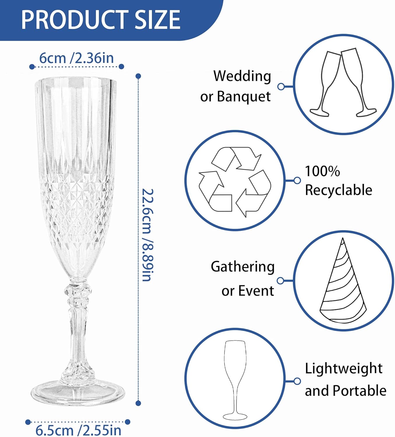 Plastic Champagne Flutes, 12PCS White Transparent Plastic Wine Glasses Goblets Shatterproof Reusable Champagne Flute for Weddings, Bachelor Parties, Toasting, and Events(12,Transparent)