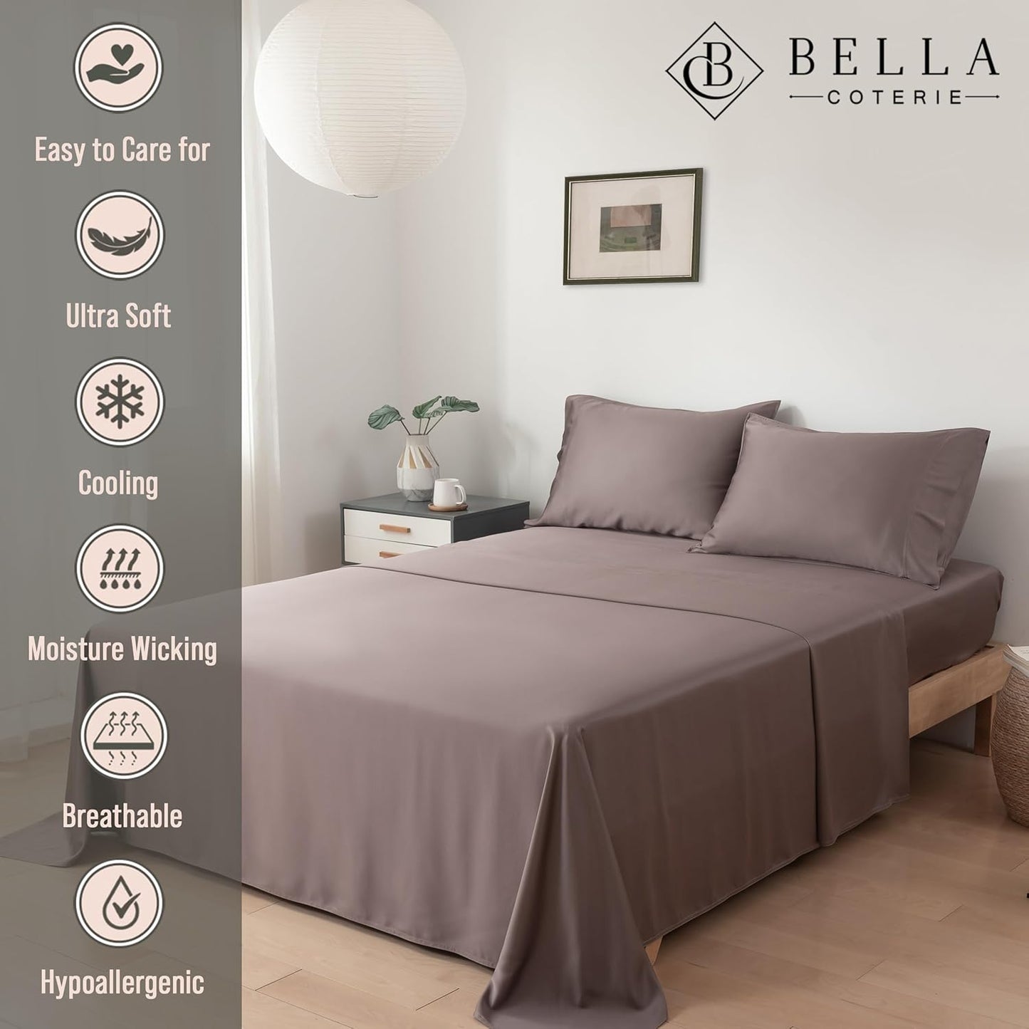 Bella Coterie Luxury Bamboo Viscose Twin Size Sheet Set | 100% Organically Grown | Ultra Soft | Cooling for Hot Sleepers | 18" Deep Pocket [Mocha]