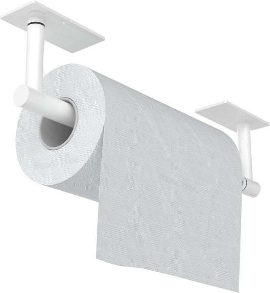 White Paper Towel Holder Under Cabinet, Self Adhesive or Wall Mounted SUS304 Stainless Steel Paper Towel Holder for Kitchen, Bathroom, Farmhouse, Barbecue and Laundry (White)
