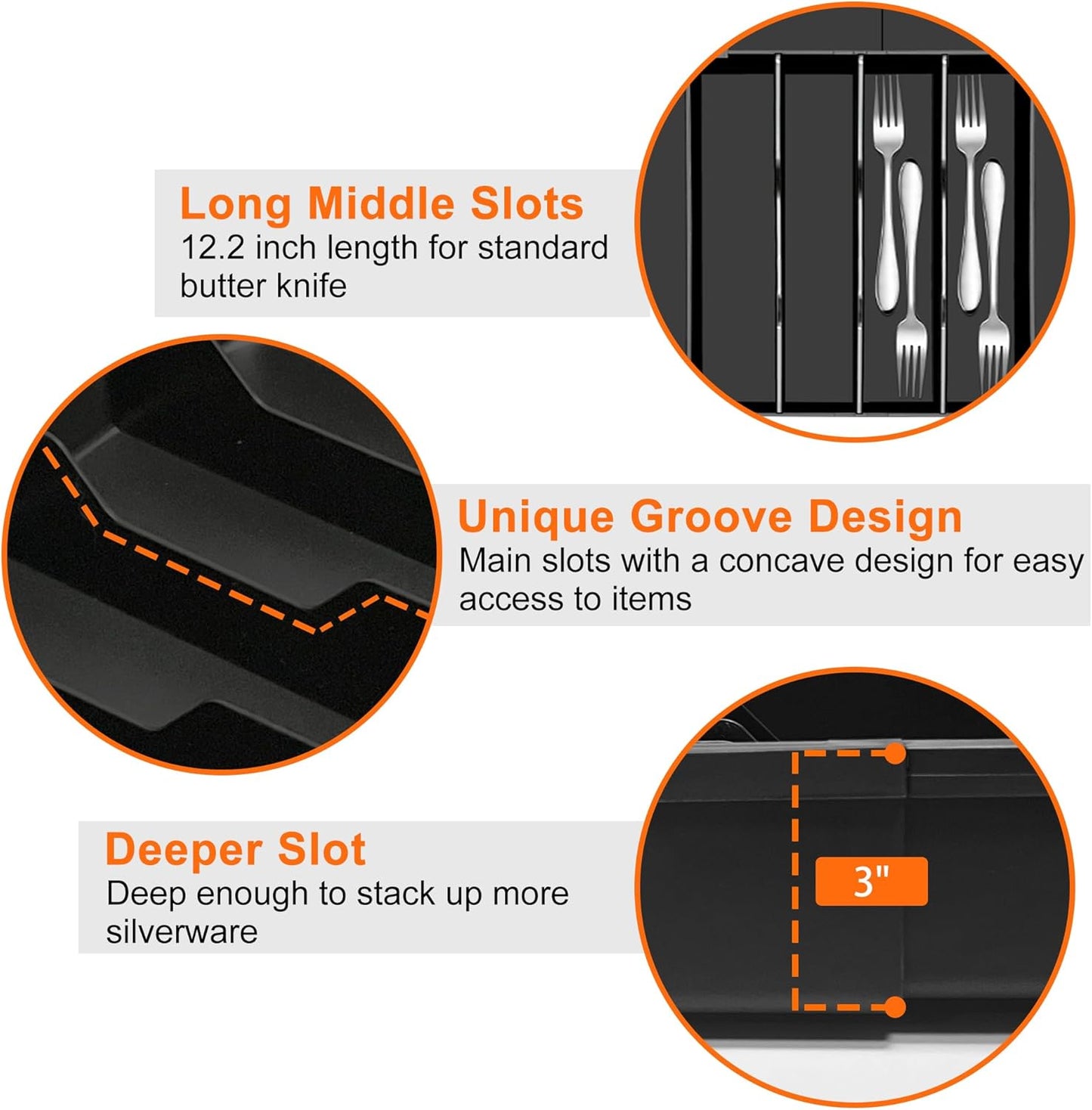 Silverware Organizer - Expandable Kitchen Drawer Organizer BPA-Free Silverware Drawer Organizer, Stackable Cutlery Tray for Forks, Knives, Slim Kitchen Organizers and Storage, Black, Large