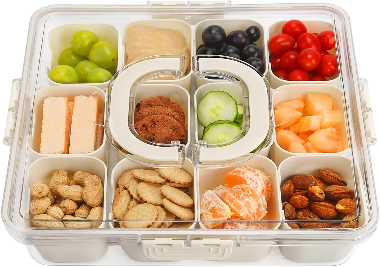 Divided Serving Tray with Lid and Handle, Portable Snack Box, 12 Compartments Veggie Fruit Tray, Charcuterie Platter Snackle Box Container for Party, Snacks, Picnic, LARGER SIZE