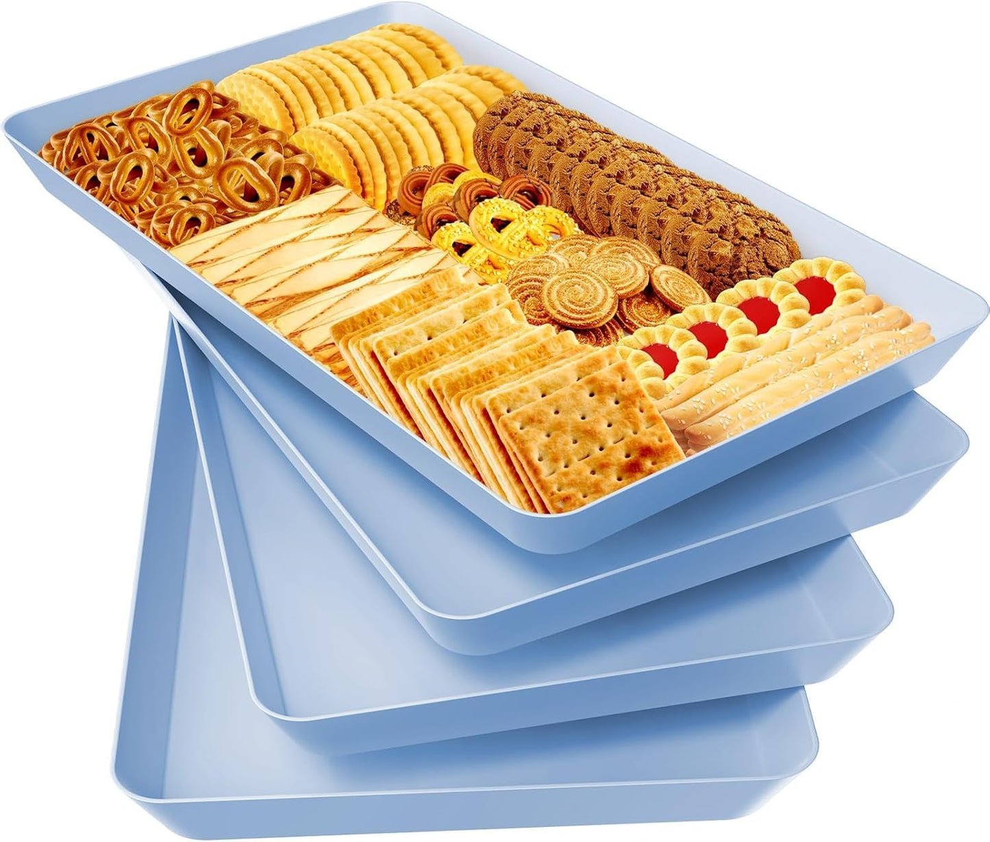WOWBOX 4 pcs Serving Tray for Entertaining, Serving Platters for Snacks, Fruit, Cookies, Dessert, Reusable Plastic Trays for Serving Food and Pantry Organization in Kitchen & for Parties, (Blue)
