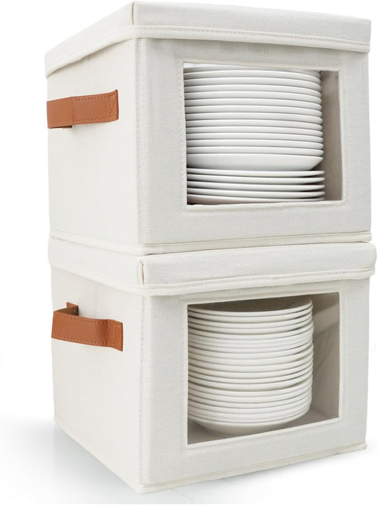 HOMELUX THEORY Plate Storage Box, 2pc 10"x8" Ivory Hard Shell China Storage Containers, Kitchen Storage Bins With Lids, Heavy Duty Moving Box with Handles for Dishes, Dinner Plate & Dinnerware