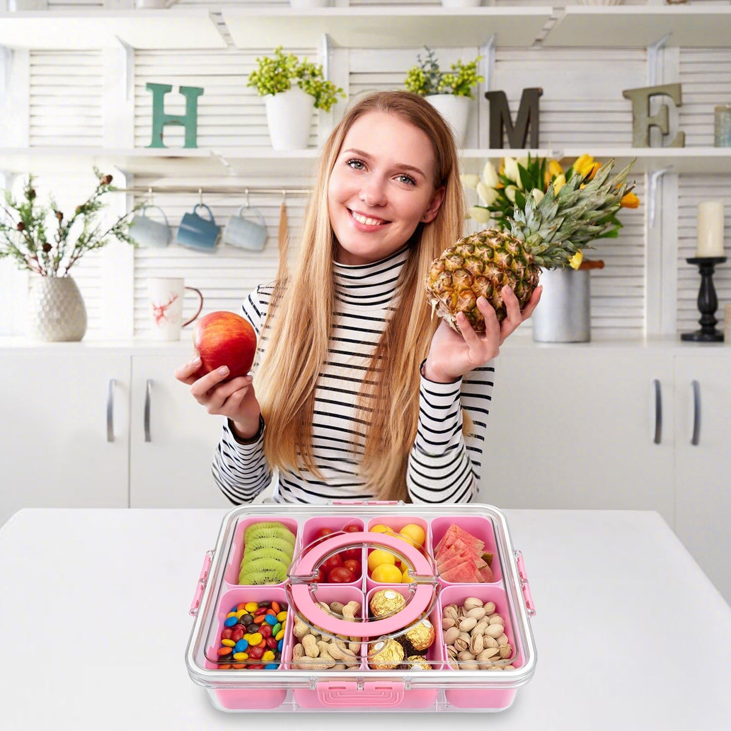 Divided Serving Tray with Lid and Handle,8 Compartments Snacks Box,Snack Fruit Tray,Veggie Tray,Portable Platter for Candy Fruits Nuts Snack Party Entertaining Picnic (2PCS Pink)